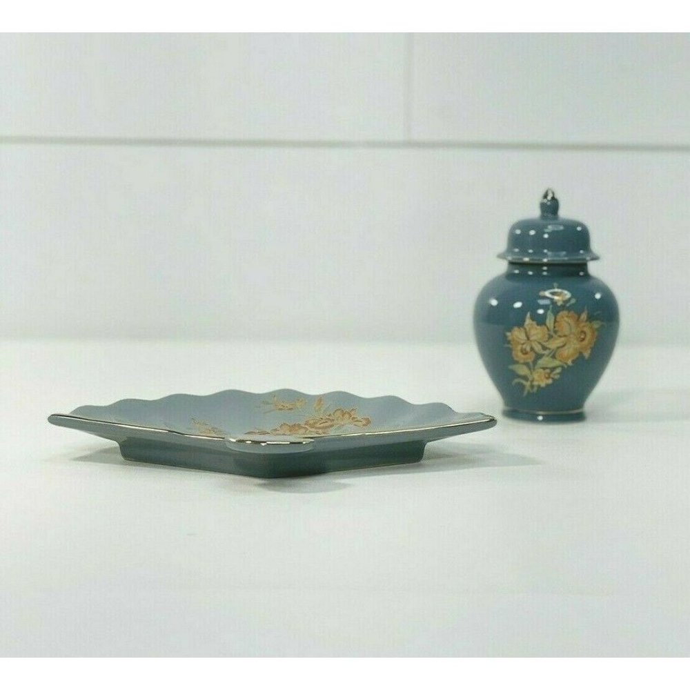 Vintage Small Asian Urn Vase Jar Trinket Dish Set Floral Multicolored Porcelain